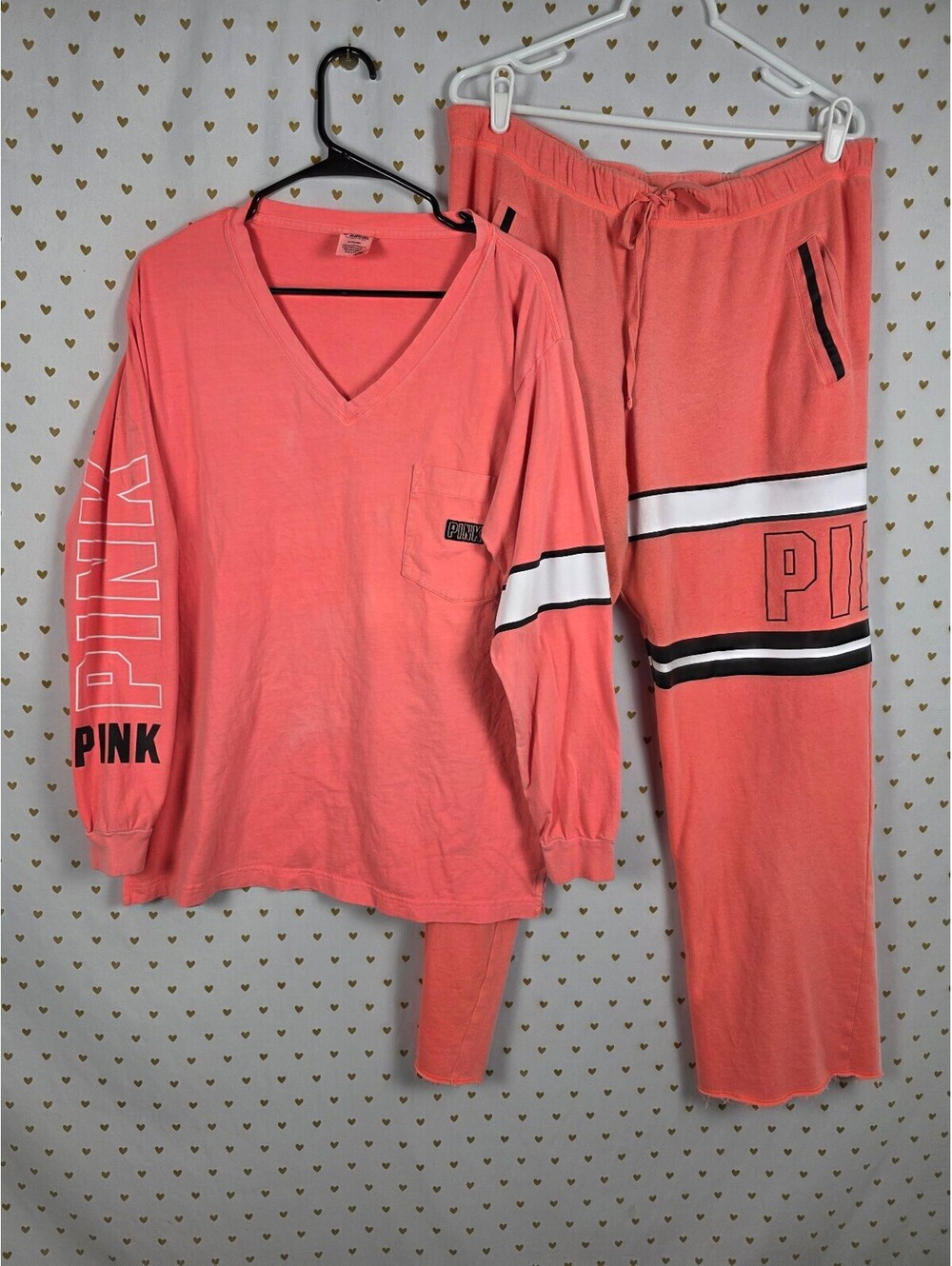 Victorias Secret PINK Vintage Boyfriend Sweats Tee shirt Neon SET outfit Med L